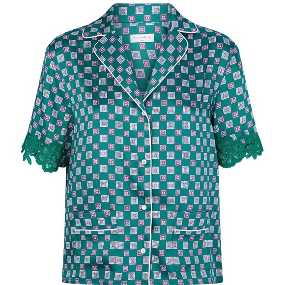Donated | Sandro | Emerald Green Tile-print Satin Blouse - Picture 2 of 6
